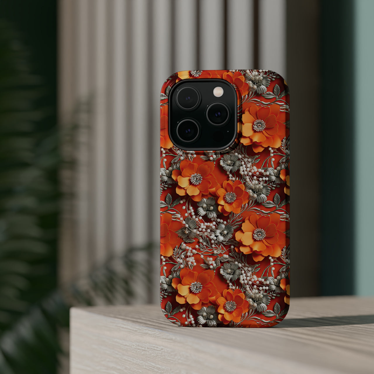 Orange Petals in Silver Tapestry MagSafe Tough Cases for iPhone 14, iPhone 14 Pro, iPhone 14 Plus, and iPhone 14 Pro Max