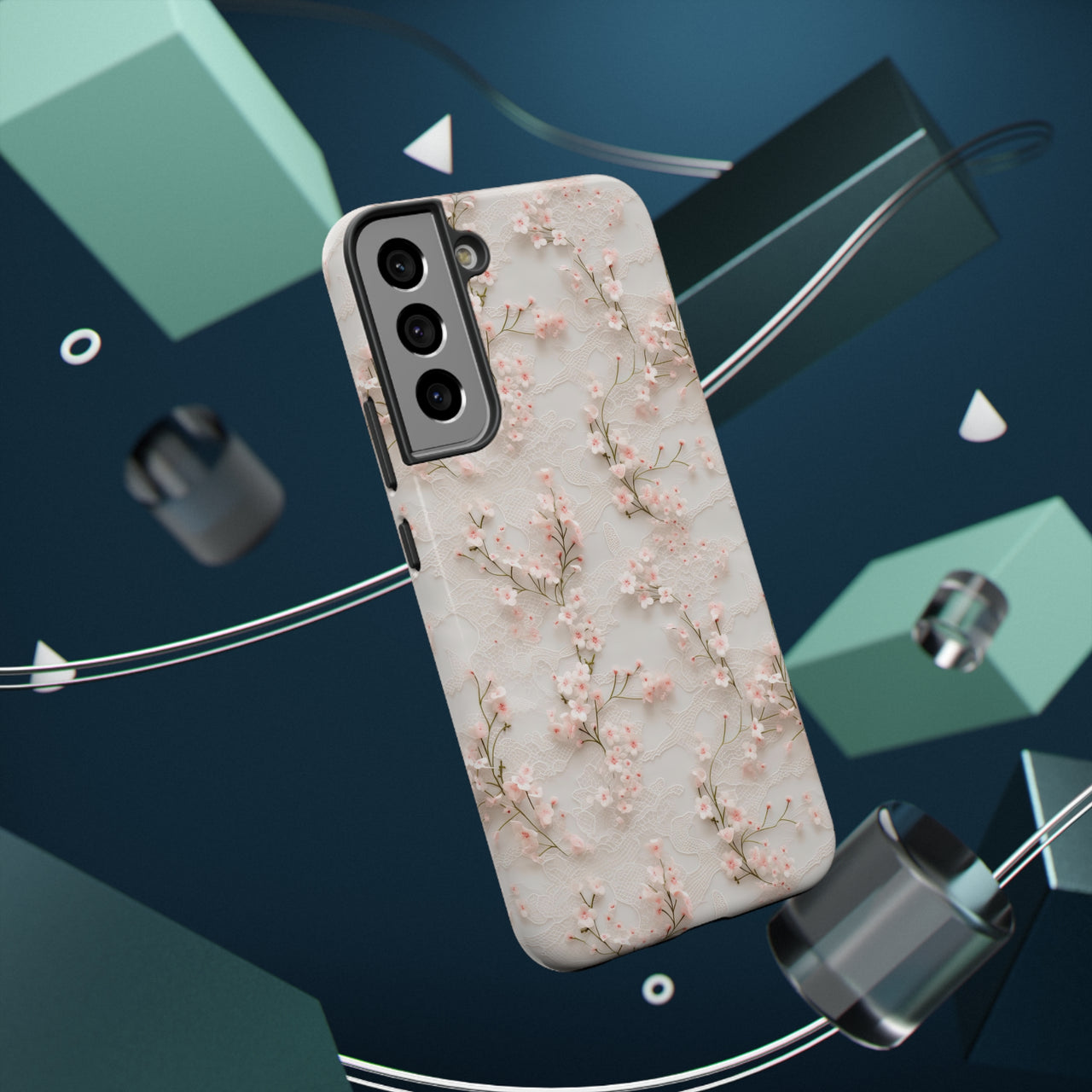 White Lace and Cherry Blossoms Impact-Resistant Cases for Samsung Galaxy S22, Samsung Galaxy S22 Plus, and Samsung Galaxy S22 Ultra. Supports Wireless Charging.