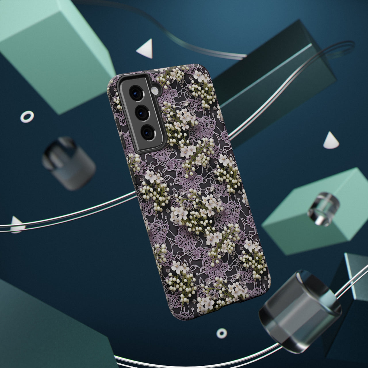 White Flowers on a Purple Bed - Impact-Resistant Case for Samsung Galaxy S21, Samsung Galaxy S21 Plus, and Samsung Galaxy S21 Ultra. Supports Wireless Charging.