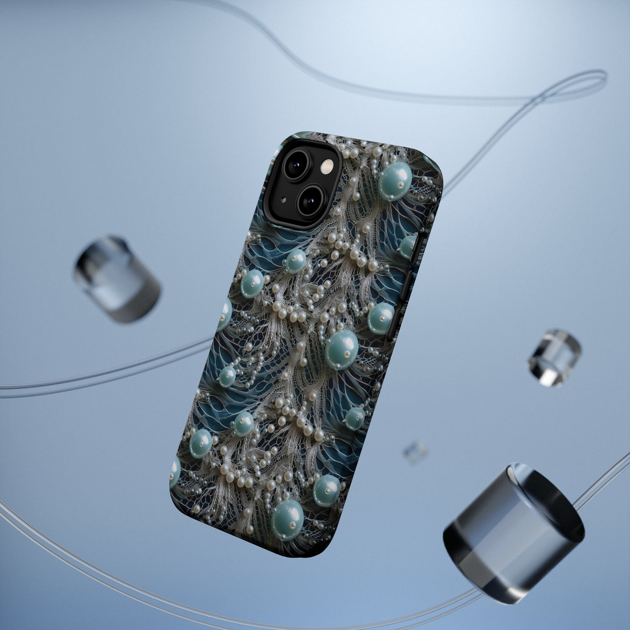 Sea Foam Lace and Pearls MagSafe Tough Cases for iPhone 14, iPhone 14 Pro, iPhone 14 Plus, and iPhone 14 Pro Max