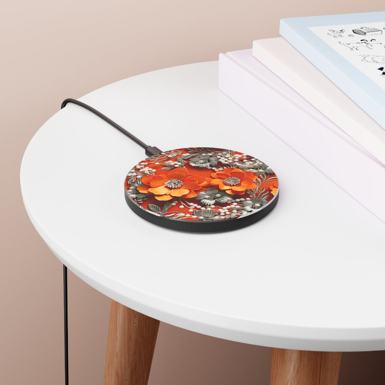 Orange Petals in Silver Tapestry Wireless Charger for Qi Enabled Phones