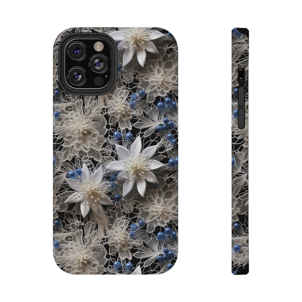 Vintage Lace and Clematis Impact-Resistant Case for iPhone 12, iPhone 12 Mini, iPhone 12 Pro, and iPhone 12 Pro Max. Supports Wireless Charging.