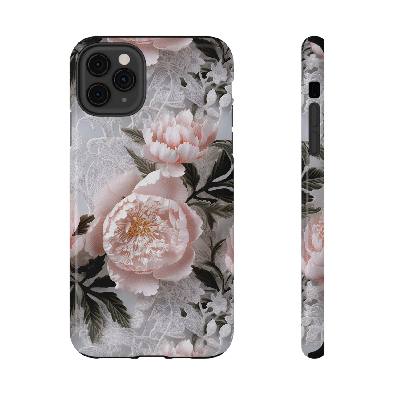 Pink Peony Impact-Resistant Cases for iPhone 11, iPhone 11 Pro, and iPhone 11 Pro Max. Supports Wireless Charging.