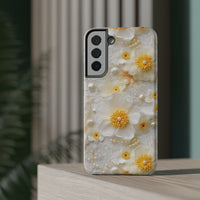 Thumbnail for White and Yellow Floral Impact-Resistant Cases for Samsung Galaxy S22, Samsung Galaxy S22 Plus, and Samsung Galaxy S22 Ultra. Supports Wireless Charging.