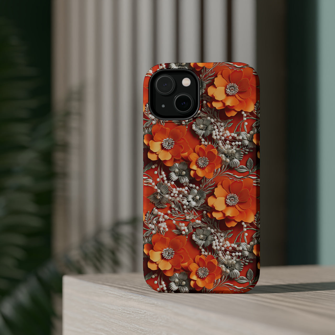 Orange Petals in Silver Tapestry MagSafe Tough Cases for iPhone 14, iPhone 14 Pro, iPhone 14 Plus, and iPhone 14 Pro Max