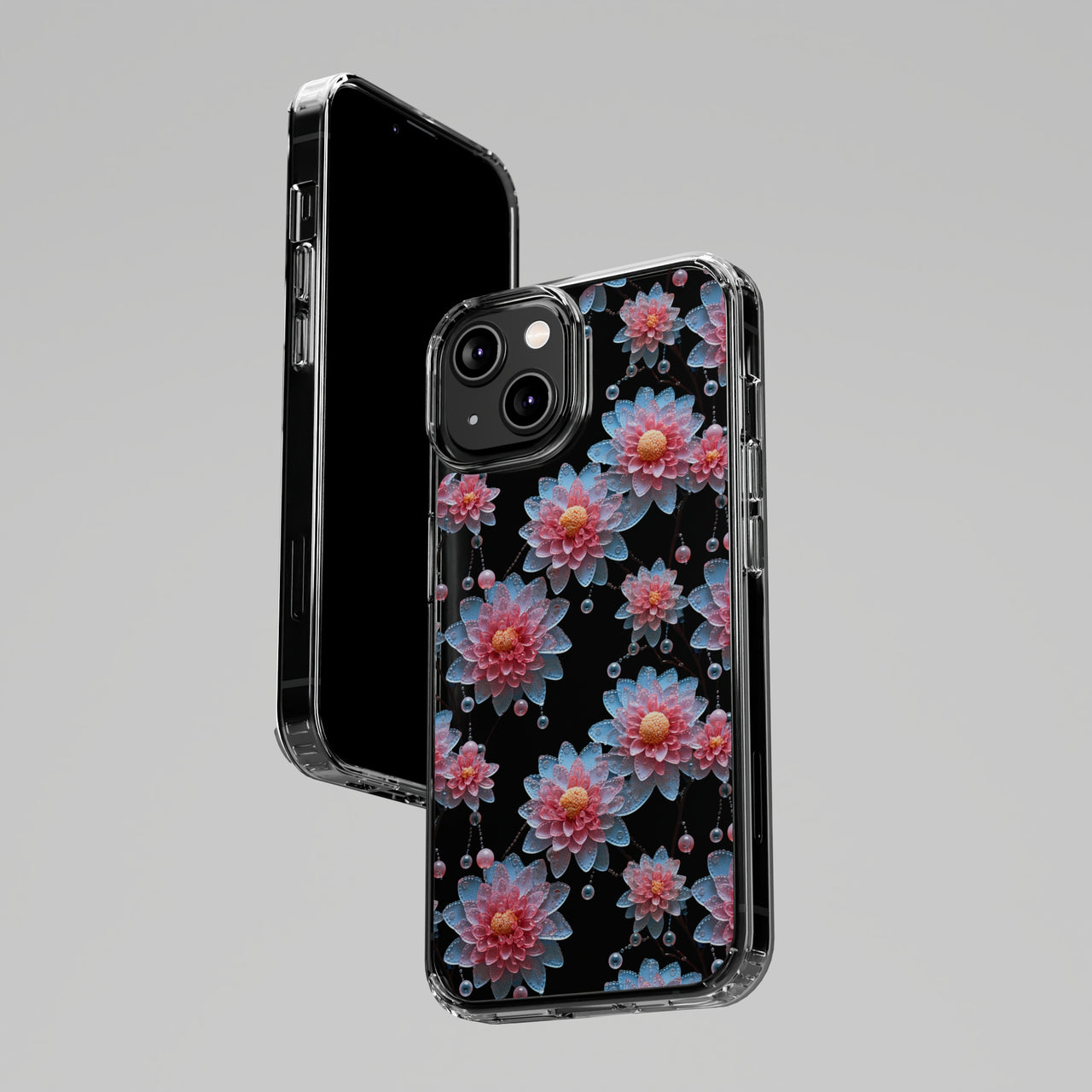 *Clear Case* Pink and Blue Glass Flowers - iPhone 14, iPhone 14 Pro, iPhone 14 Plus, iPhone 14 Pro Max - Supports Wireless Charging