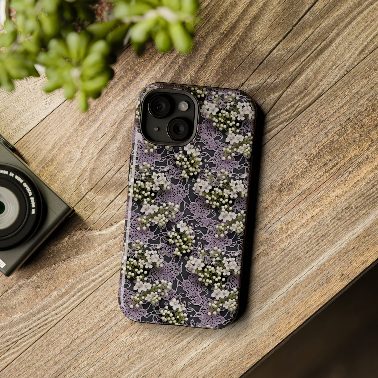 White Flowers on a Purple Bed - MagSafe Tough Case for iPhone 15, iPhone 15 Pro, iPhone 15 Plus, & iPhone 15 Pro Max