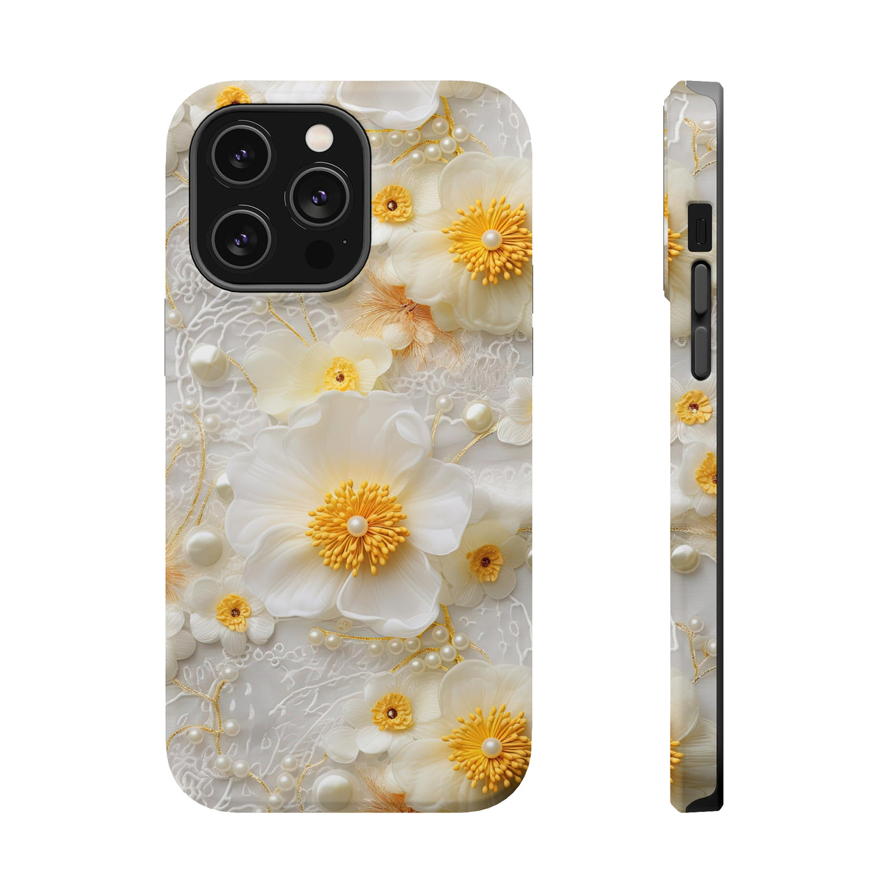 Yellow and White Floral MagSafe Tough Cases for iPhone 14, iPhone 14 Pro, iPhone 14 Plus, and iPhone 14 Pro Max