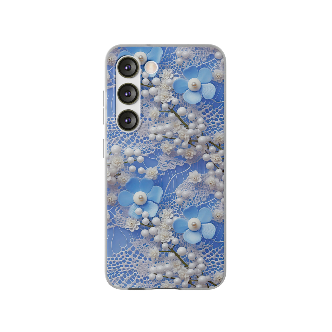 Pearls and Lace on Baby Blue - Flexi Cases for Samsung Galaxy S23, Samsung Galaxy S23 Plus, and Samsung Galaxy S23 Ultra