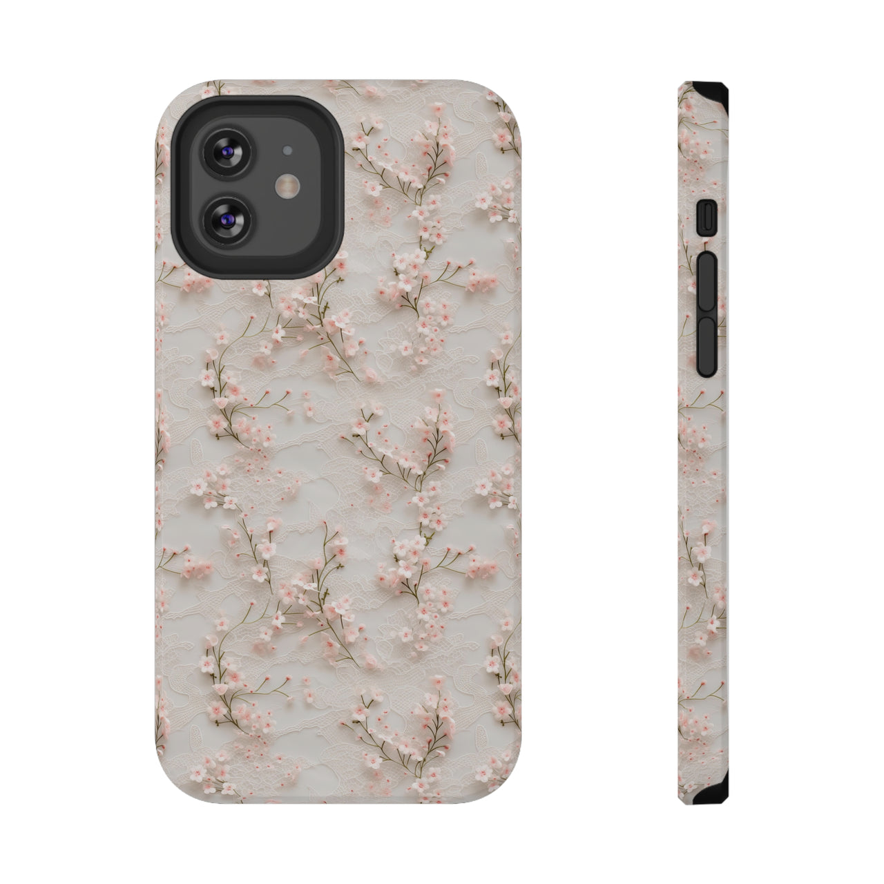 White Lace and Cherry Blossoms Impact-Resistant Case for iPhone 12, iPhone 12 Mini, iPhone 12 Pro, and iPhone 12 Pro Max. Supports Wireless Charging.