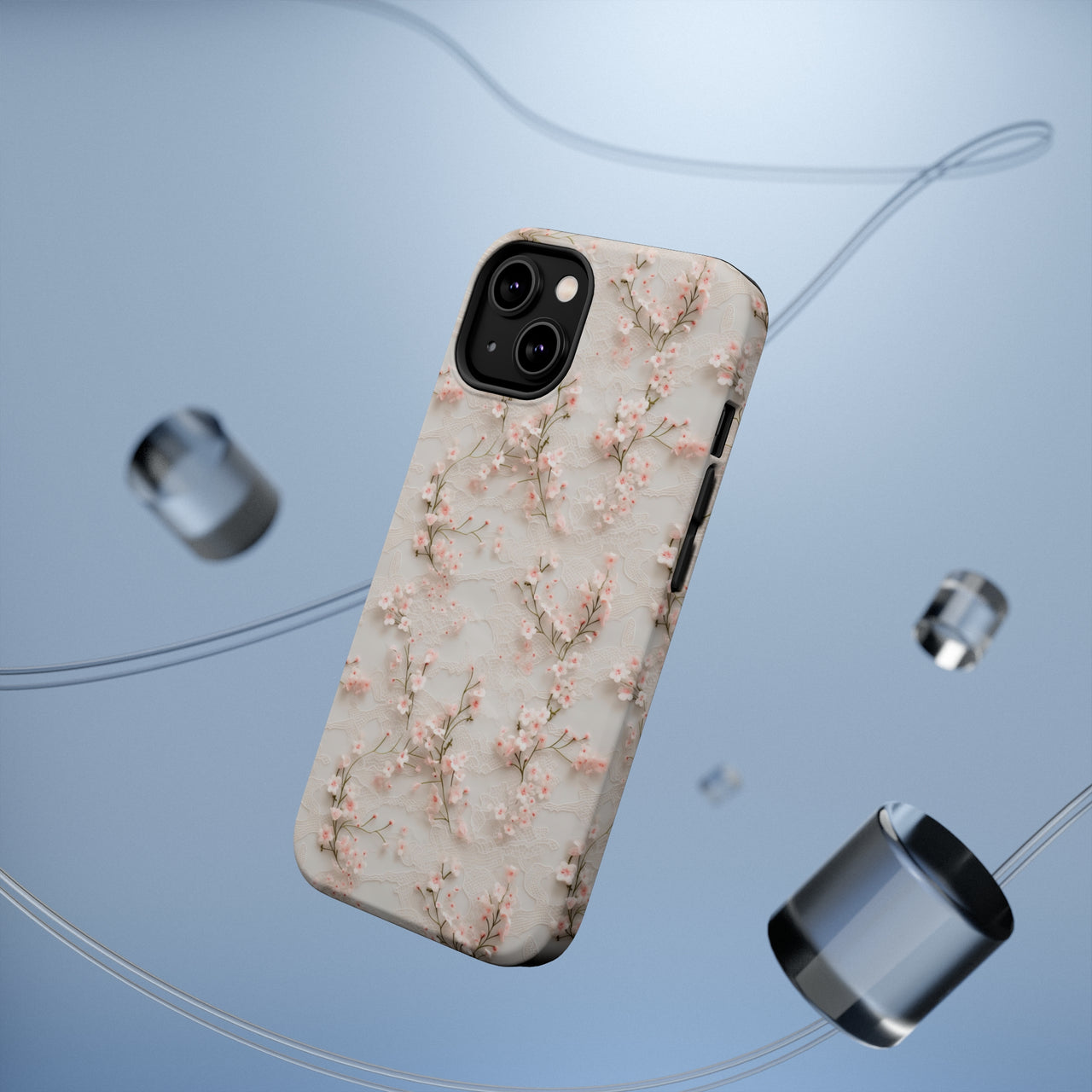 White Lace and Cherry Blossoms MagSafe Tough Cases for iPhone 14, iPhone 14 Pro, iPhone 14 Plus, and iPhone 14 Pro Max