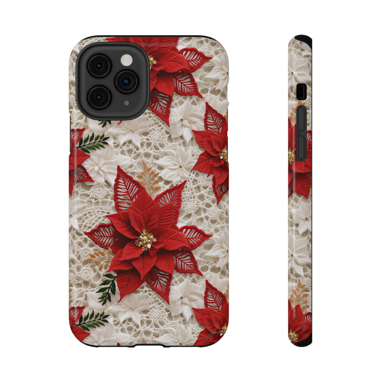 Christmas Poinsettia Impact-Resistant Cases for iPhone 11, iPhone 11 Pro, and iPhone 11 Pro Max. Supports Wireless Charging.