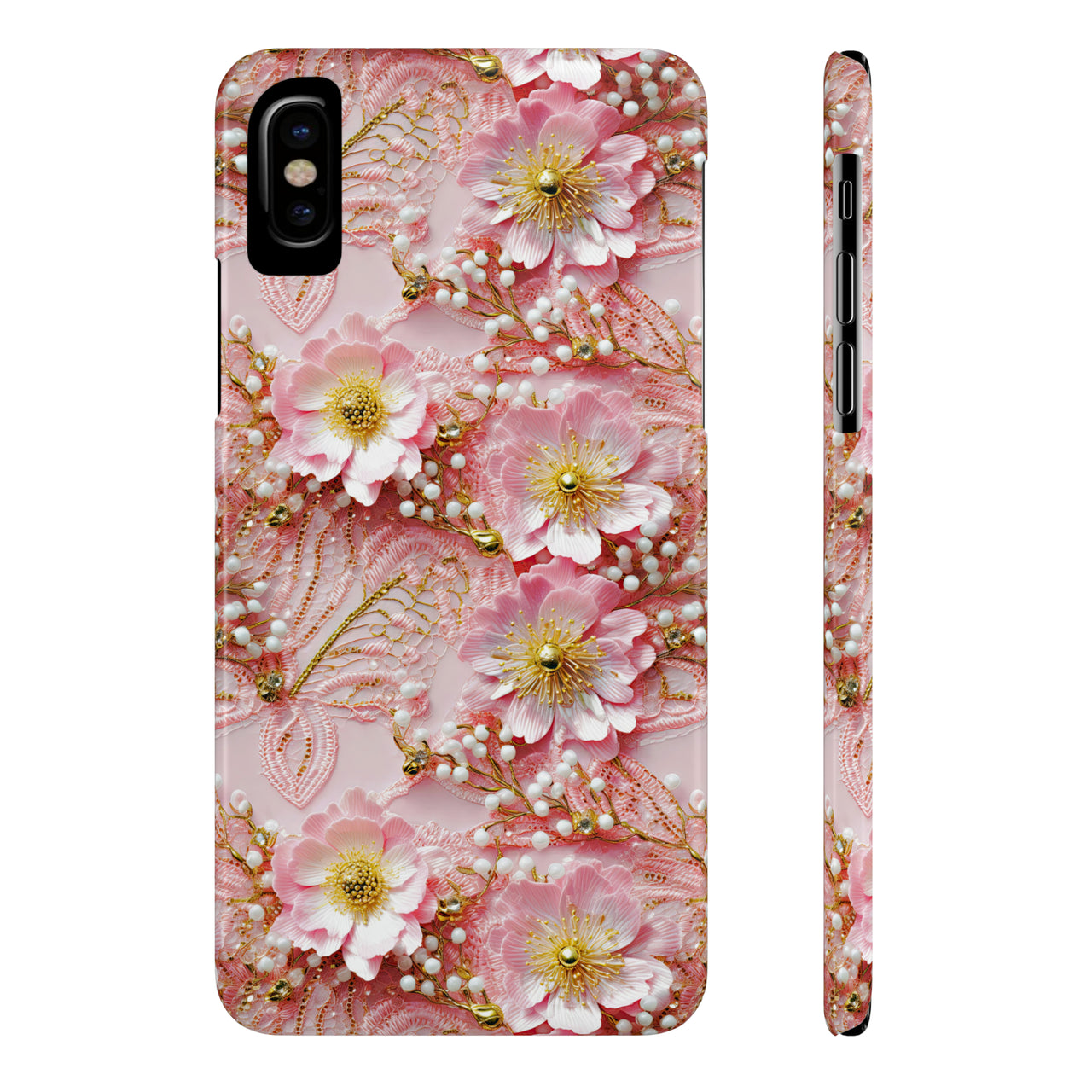 Gold-Kissed Flowers on Pink Lace - Slim Phone Cases for iPhone X, iPhone XR, iPhone XS, and iPhone XS MAX