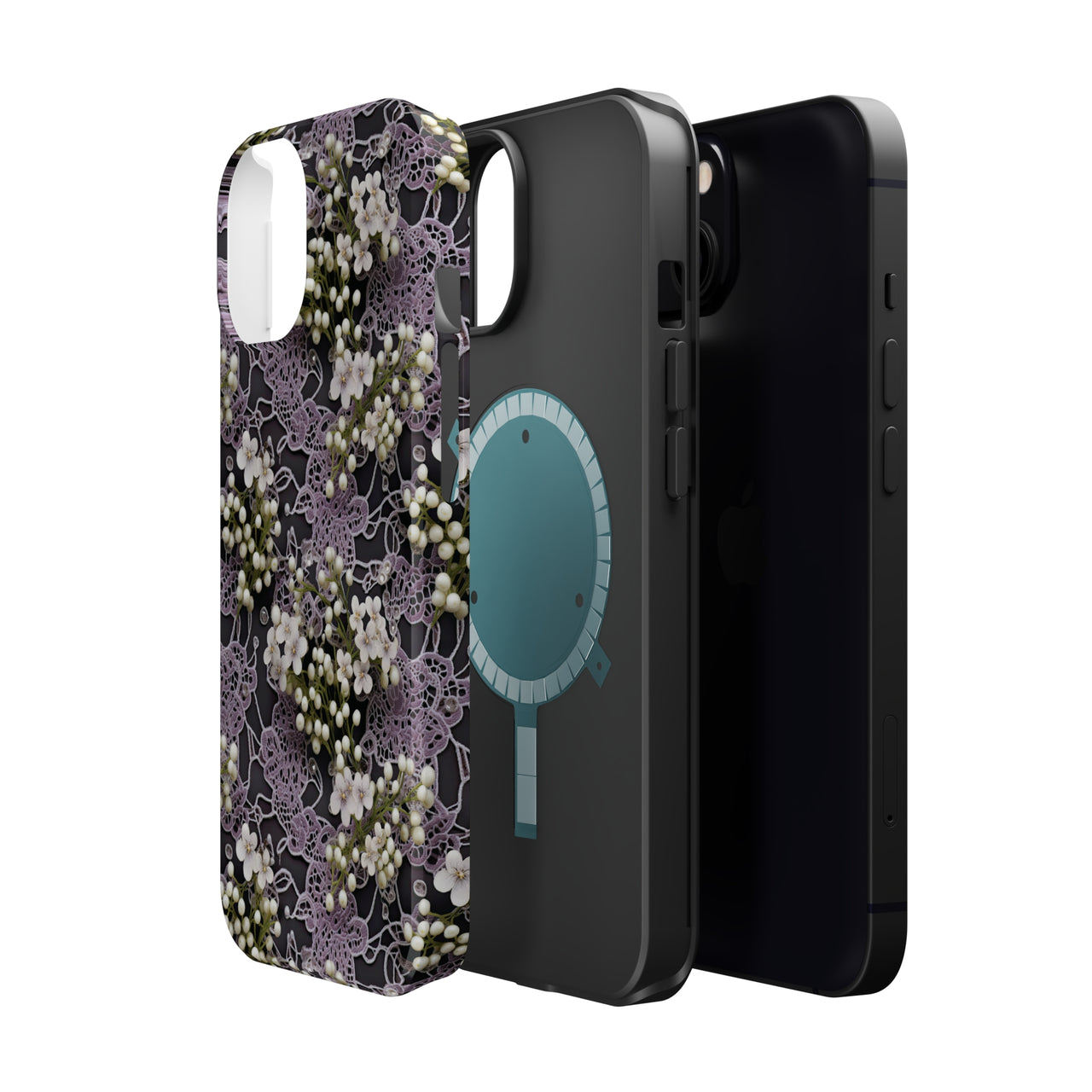 White Flowers on a Purple Bed - MagSafe Tough Cases for iPhone 13, iPhone 13 Mini, iPhone 13 Pro, and iPhone 13 Pro Max.