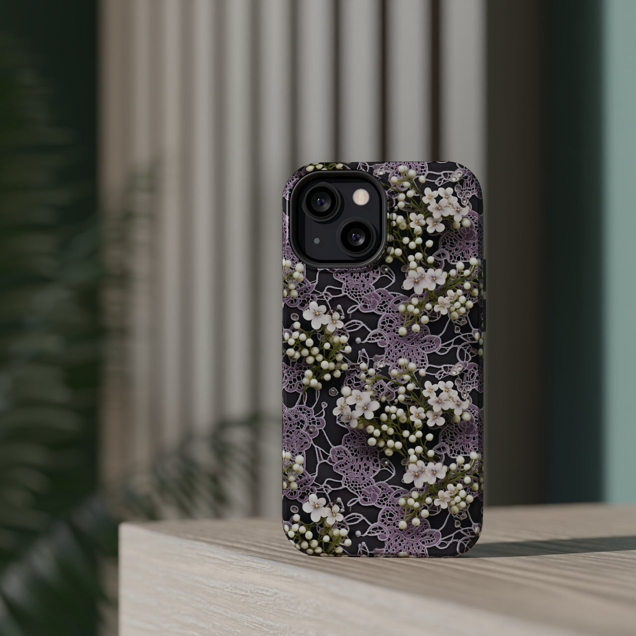 White Flowers on a Purple Bed - MagSafe Tough Cases for iPhone 13, iPhone 13 Mini, iPhone 13 Pro, and iPhone 13 Pro Max.