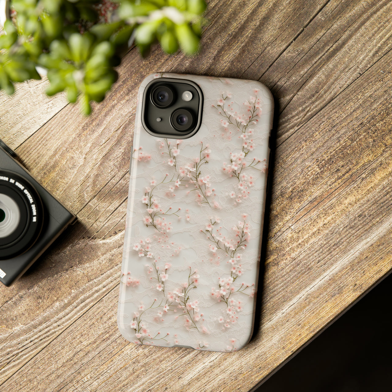 White Lace and Cherry Blossoms Tough Case for iPhone 15, iPhone 15 Pro, iPhone 15 Plus, and iPhone 15 Pro Max