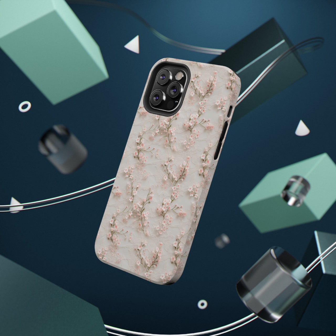 White Lace and Cherry Blossoms Impact-Resistant Case for iPhone 12, iPhone 12 Mini, iPhone 12 Pro, and iPhone 12 Pro Max. Supports Wireless Charging.