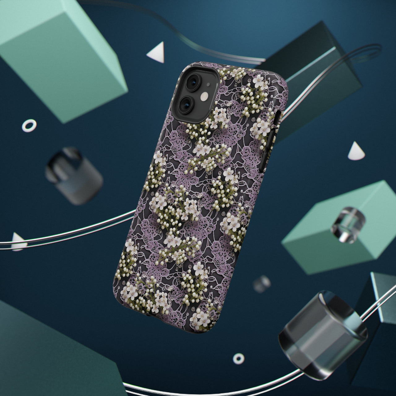 White Flowers on a Purple Bed - Impact-Resistant Cases for iPhone 11, iPhone 11 Pro, and iPhone 11 Pro Max. Supports Wireless Charging.