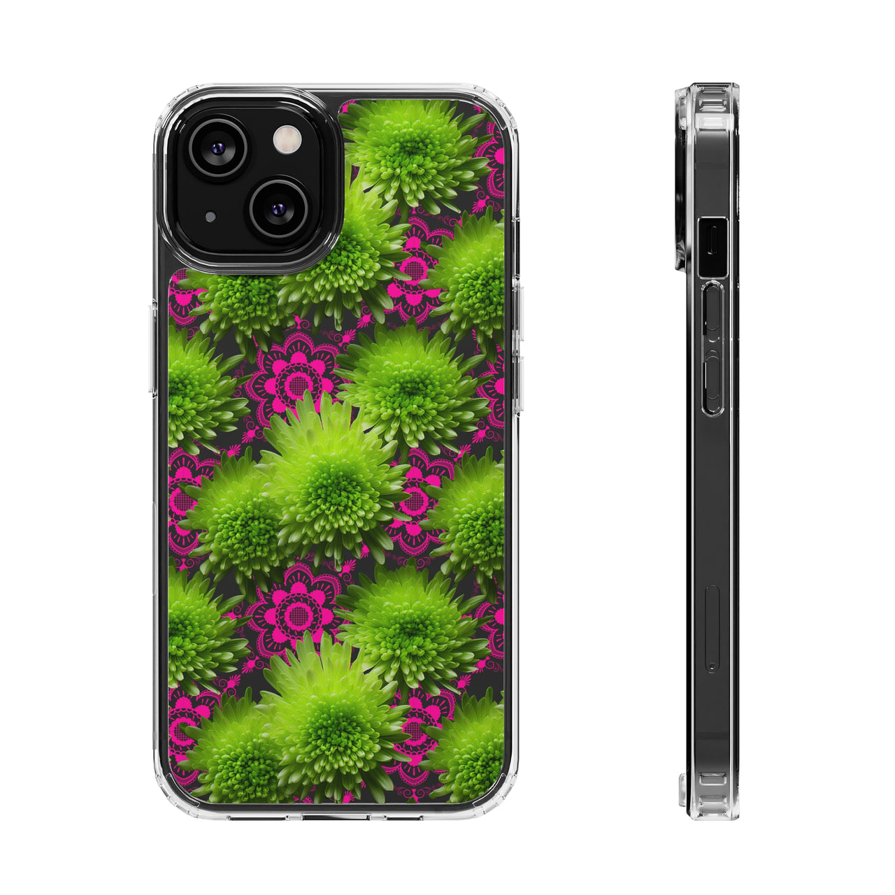 *Clear Case* Green Mums and Lace - iPhone 14, iPhone 14 Pro, iPhone 14 Plus, iPhone 14 Pro Max - Supports Wireless Charging