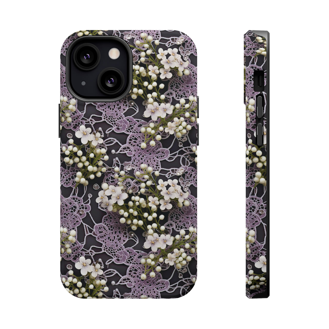 White Flowers on a Purple Bed - MagSafe Tough Cases for iPhone 13, iPhone 13 Mini, iPhone 13 Pro, and iPhone 13 Pro Max.