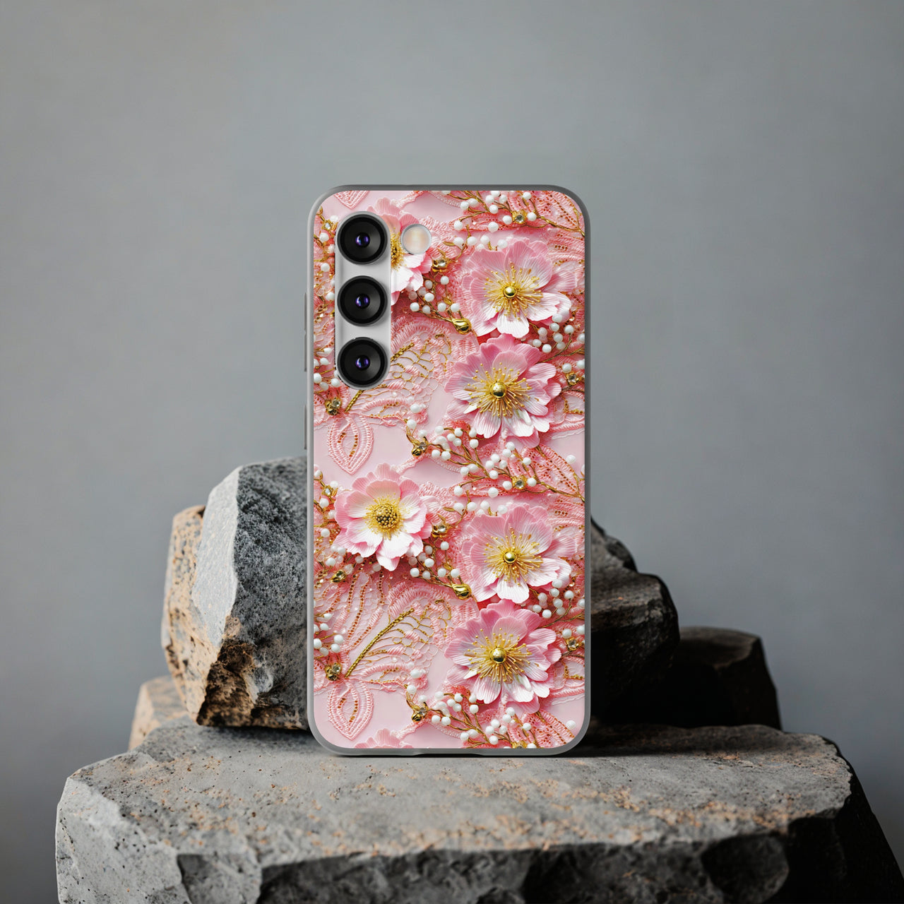 Gold-Kissed Flowers on Pink Lace - Flexi Cases for Samsung Galaxy S23, Samsung Galaxy S23 Plus, & Samsung Galaxy S23 Ultra