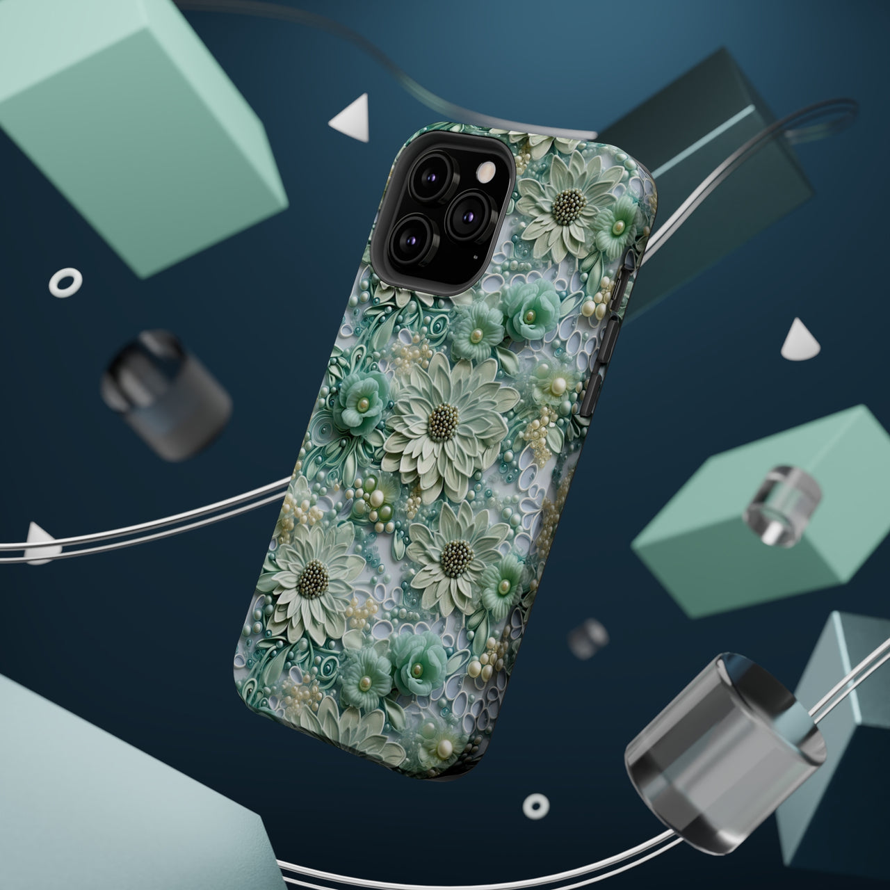 Teal Petals - MagSafe Tough Cases for iPhone 13, iPhone 13 Mini, iPhone 13 Pro, and iPhone 13 Pro Max.