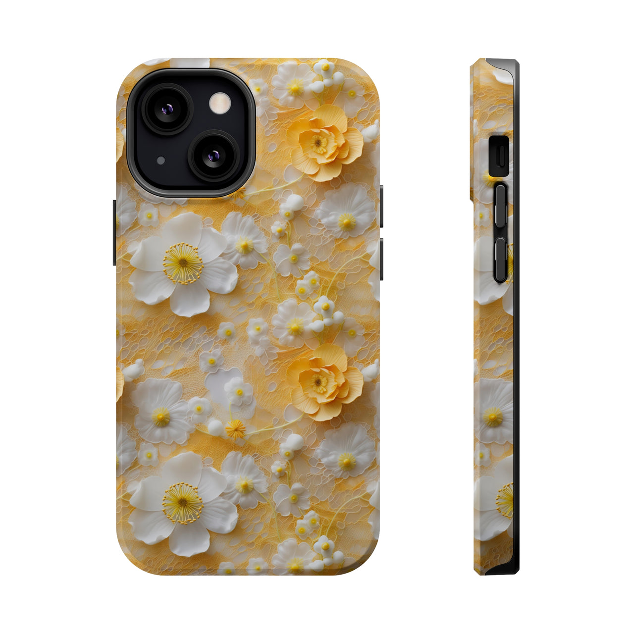 Yellow Floral MagSafe Tough Cases for iPhone 13, iPhone 13 Mini, iPhone 13 Pro, and iPhone 13 Pro Max.