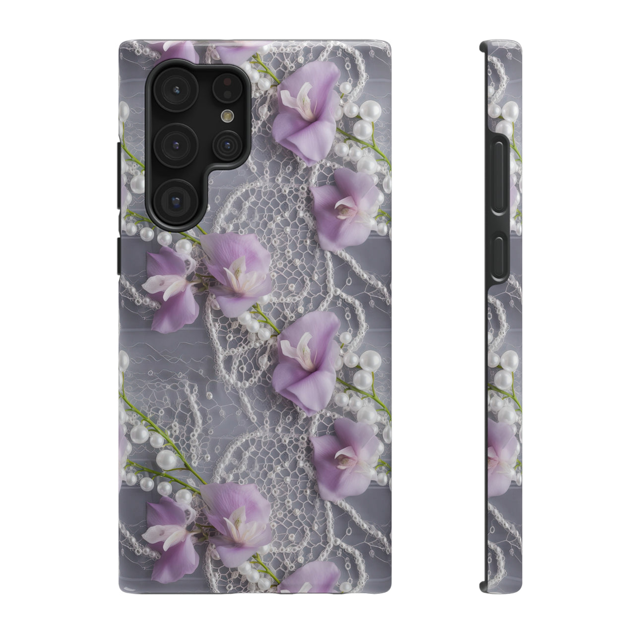 Purple Sweet Pea Impact-Resistant Cases for Samsung Galaxy S22, Samsung Galaxy S22 Plus, and Samsung Galaxy S22 Ultra. Supports Wireless Charging.