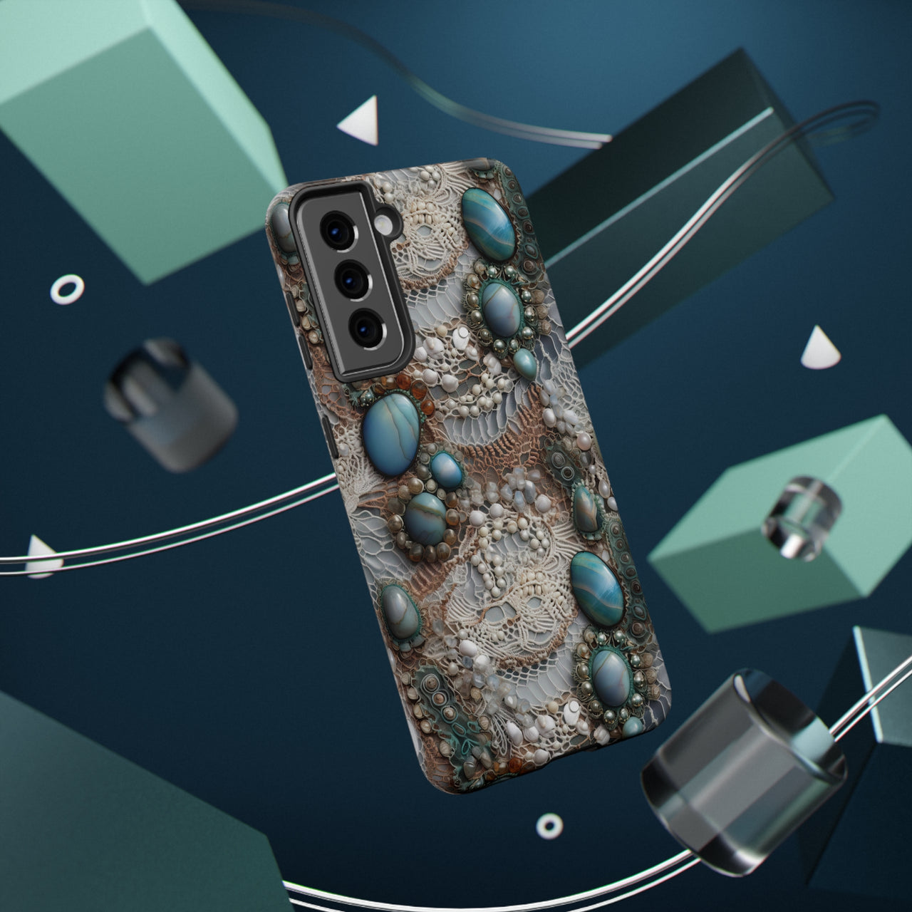 Boho Agate and Lace Impact-Resistant Cases for Samsung Galaxy S21, Samsung Galaxy S21 Plus, and Samsung Galaxy S21 Ultra. Supports Wireless Charging.