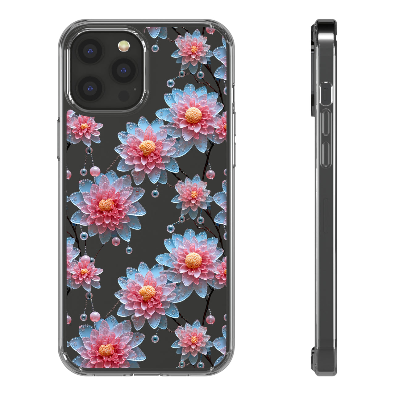 *Clear Case* Pink and Blue Glass Flowers - iPhone 12, iPhone 12 Mini, iPhone 12 Pro, iPhone 12 Pro Max - Supports Wireless Charging