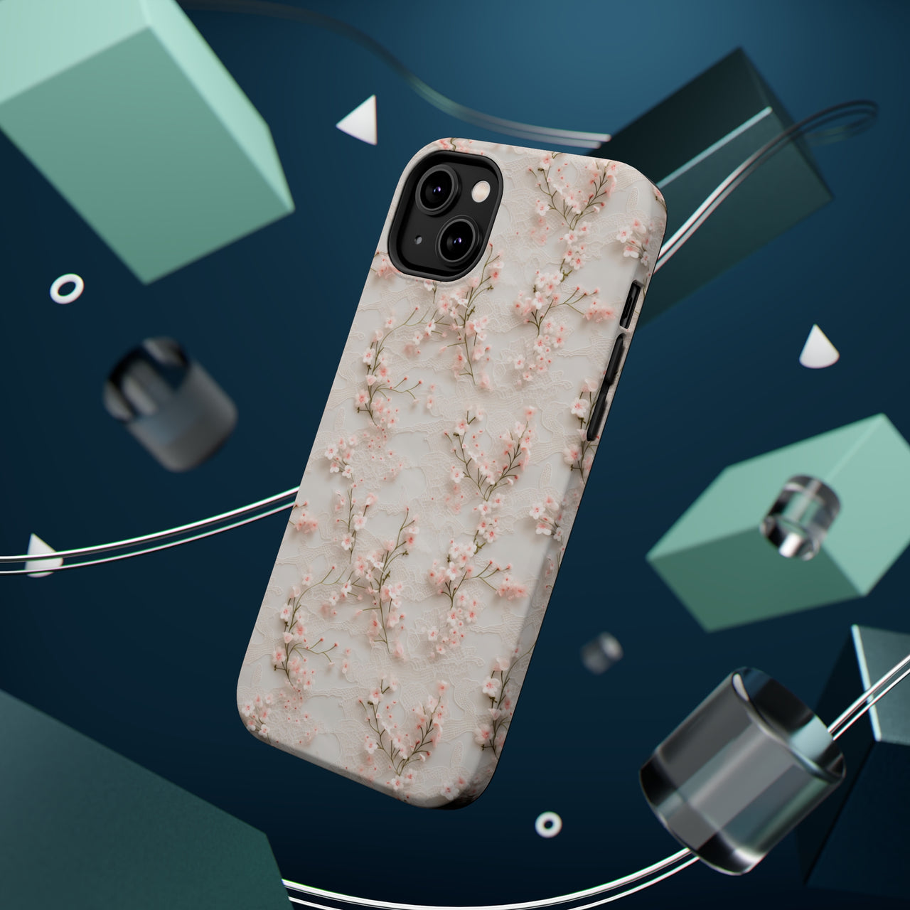 White Lace and Cherry Blossoms MagSafe Tough Cases for iPhone 14, iPhone 14 Pro, iPhone 14 Plus, and iPhone 14 Pro Max