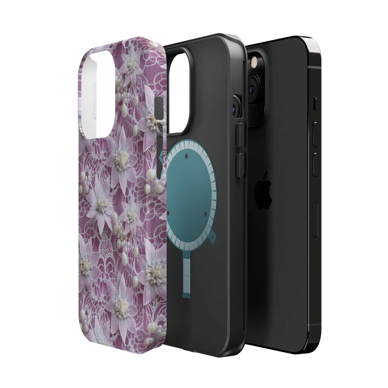 Coquette Clematis MagSafe Tough Cases for iPhone 13, iPhone 13 Mini, iPhone 13 Pro, and iPhone 13 Pro Max.