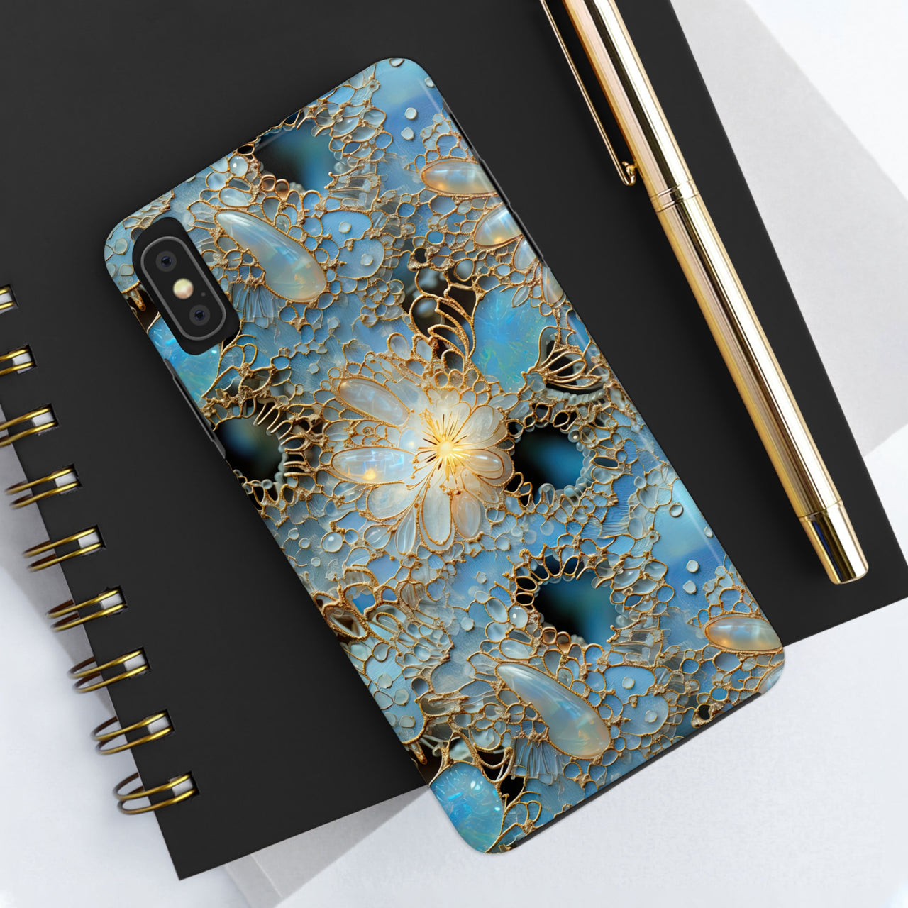 Gemstones and Gold Lace Tough Phone Cases for iPhone X, iPhone XR, iPhone XS, and iPhone XS MAX. Supports Wireless Charging.