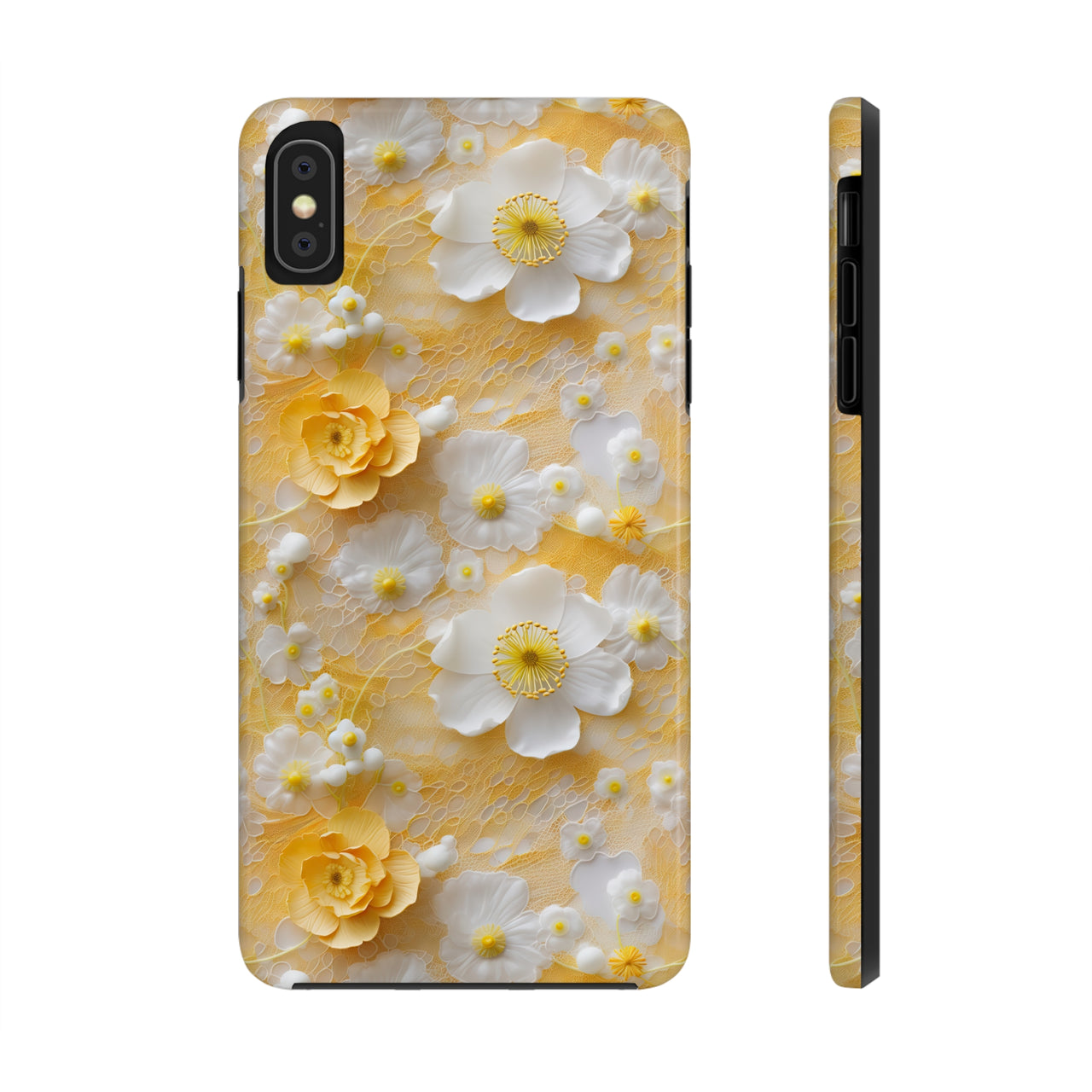 Yellow Floral Tough Phone Cases for iPhone X, iPhone XR, iPhone XS, and iPhone XS MAX. Supports Wireless Charging.