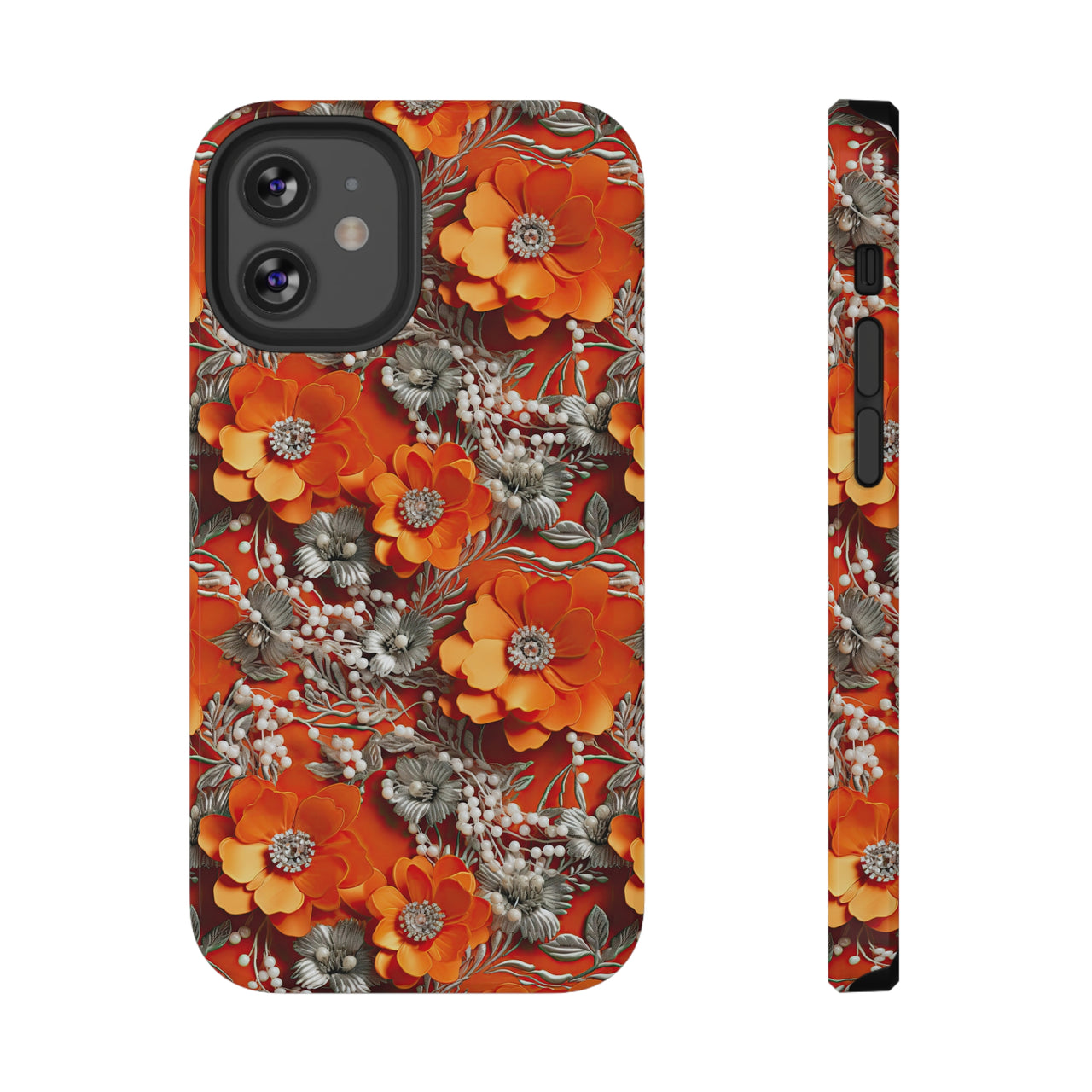 Orange Petals in Silver Tapestry Impact-Resistant Case for iPhone 12, iPhone 12 Mini, iPhone 12 Pro, and iPhone 12 Pro Max. Supports Wireless Charging.