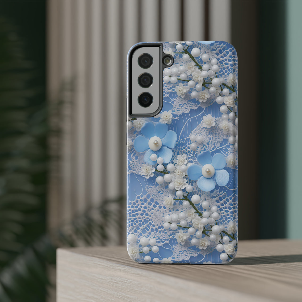 Pearls and Lace on Baby Blue - Impact-Resistant Case for Samsung Galaxy S22, Samsung Galaxy S22 Plus, and Samsung Galaxy S22 Ultra. Supports Wireless Charging.