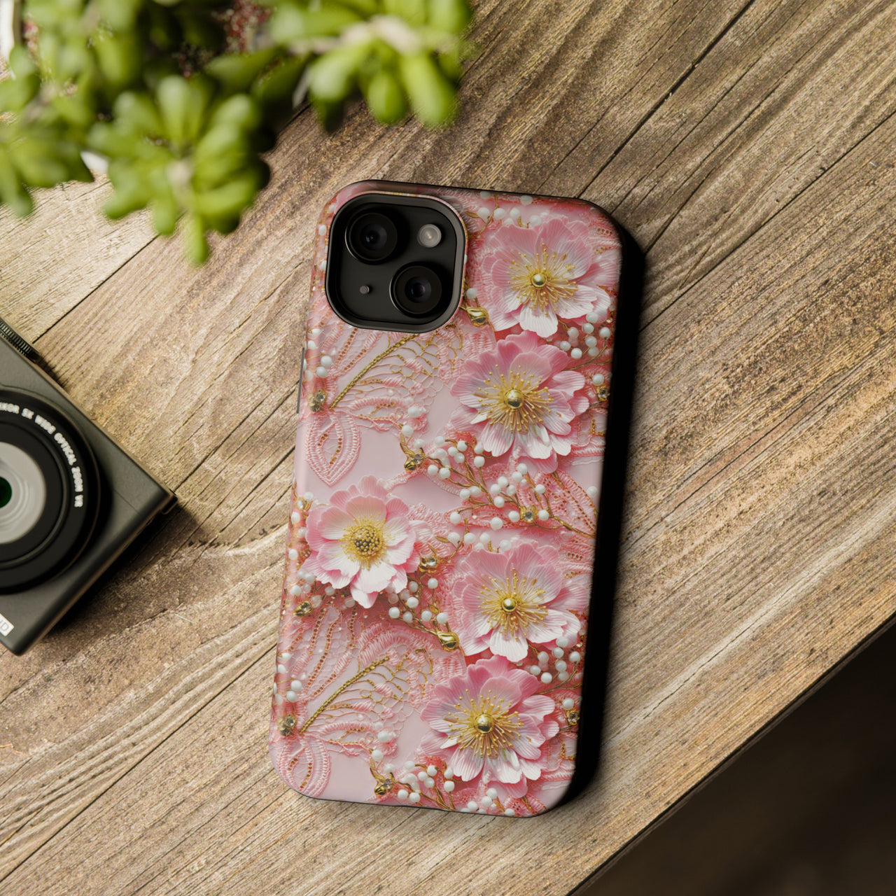 Gold-Kissed Flowers on Pink Lace - MagSafe Tough Case for iPhone 15, iPhone 15 Pro, iPhone 15 Plus, & iPhone 15 Pro Max