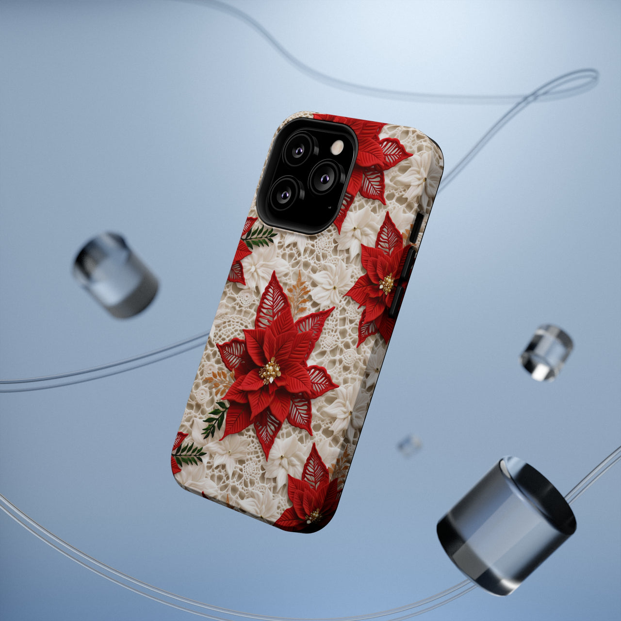 Christmas Poinsettia MagSafe Tough Cases for iPhone 13, iPhone 13 Mini, iPhone 13 Pro, and iPhone 13 Pro Max.