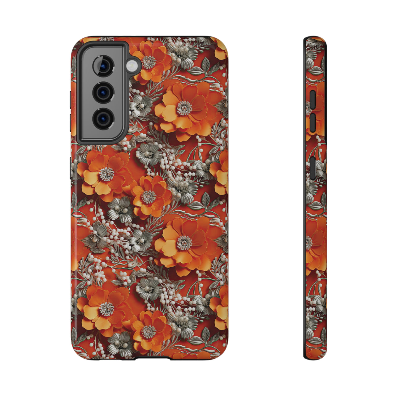 Orange Petals in Silver Tapestry Impact-Resistant Case for Samsung Galaxy S21, Samsung Galaxy S21 Plus, and Samsung Galaxy S21 Ultra. Supports Wireless Charging.