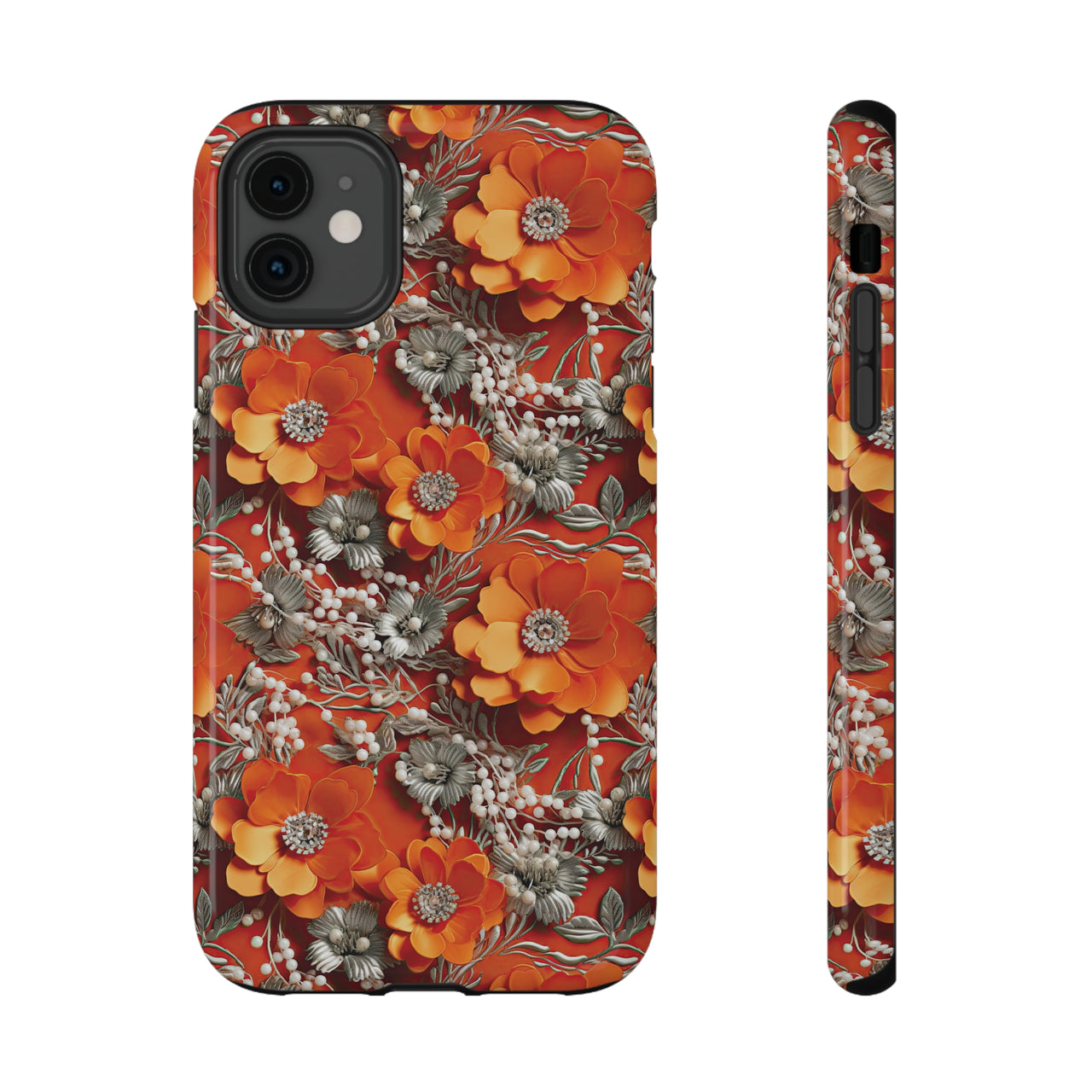 Orange Petals in Silver Tapestry Impact-Resistant Cases for iPhone 11, iPhone 11 Pro, and iPhone 11 Pro Max. Supports Wireless Charging.