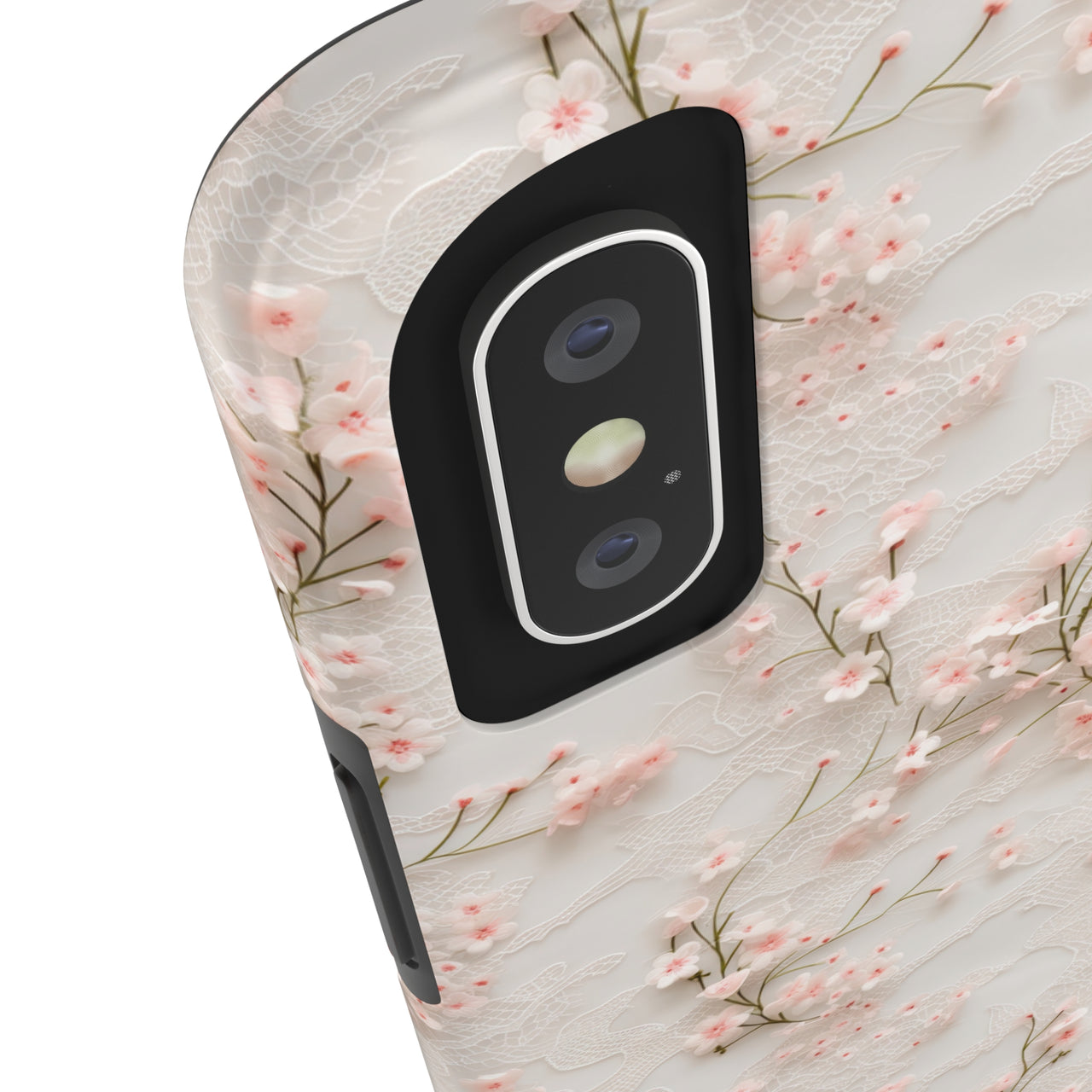 White Lace and Cherry Blossoms Tough Phone Case for iPhone X, iPhone XR, iPhone XS, and iPhone XS MAX. Supports Wireless Charging.