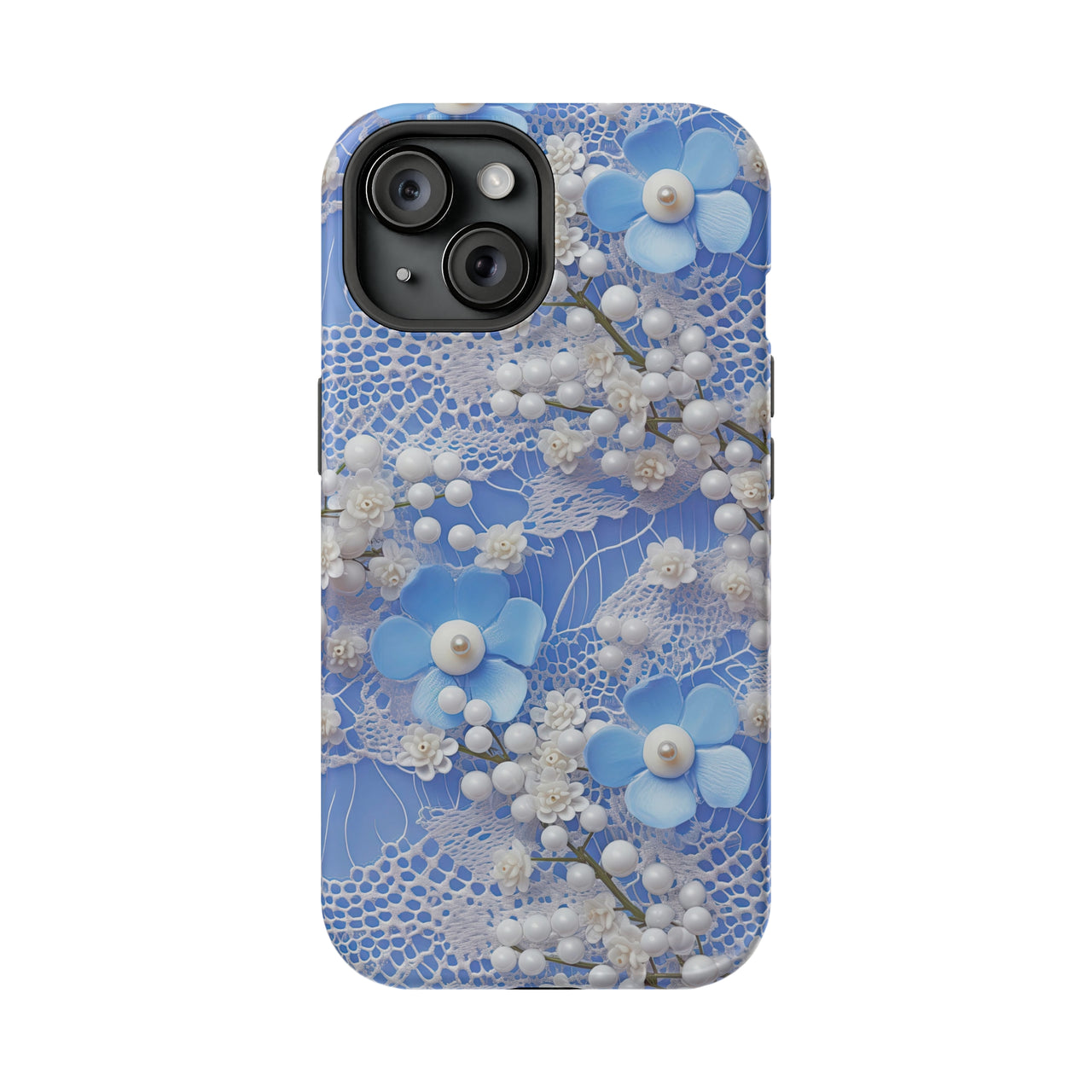 Pearls and Lace on Baby Blue - MagSafe Tough Case for iPhone 15, iPhone 15 Pro, iPhone 15 Plus, & iPhone 15 Pro Max