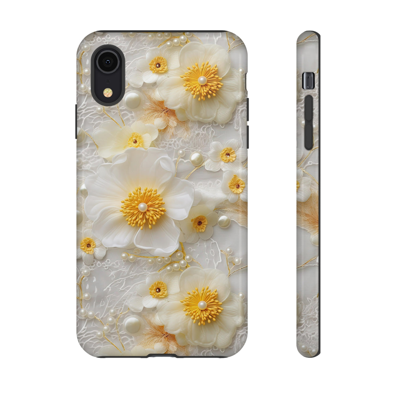 White and Yellow Floral Tough Cases for iPhone X, iPhone XR, iPhone XS, and iPhone XS MAX.