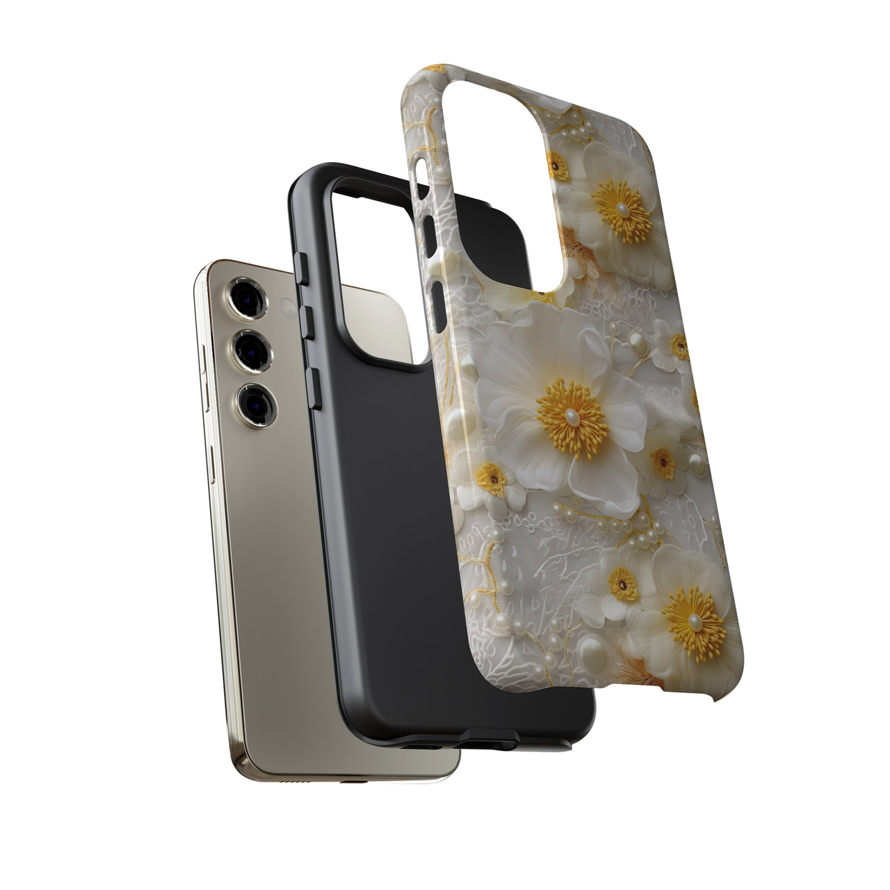 White and Yellow Floral Tough Cases for Samsung Galaxy S23, Samsung Galaxy S23 Plus, and Samsung Galaxy S23 Ultra