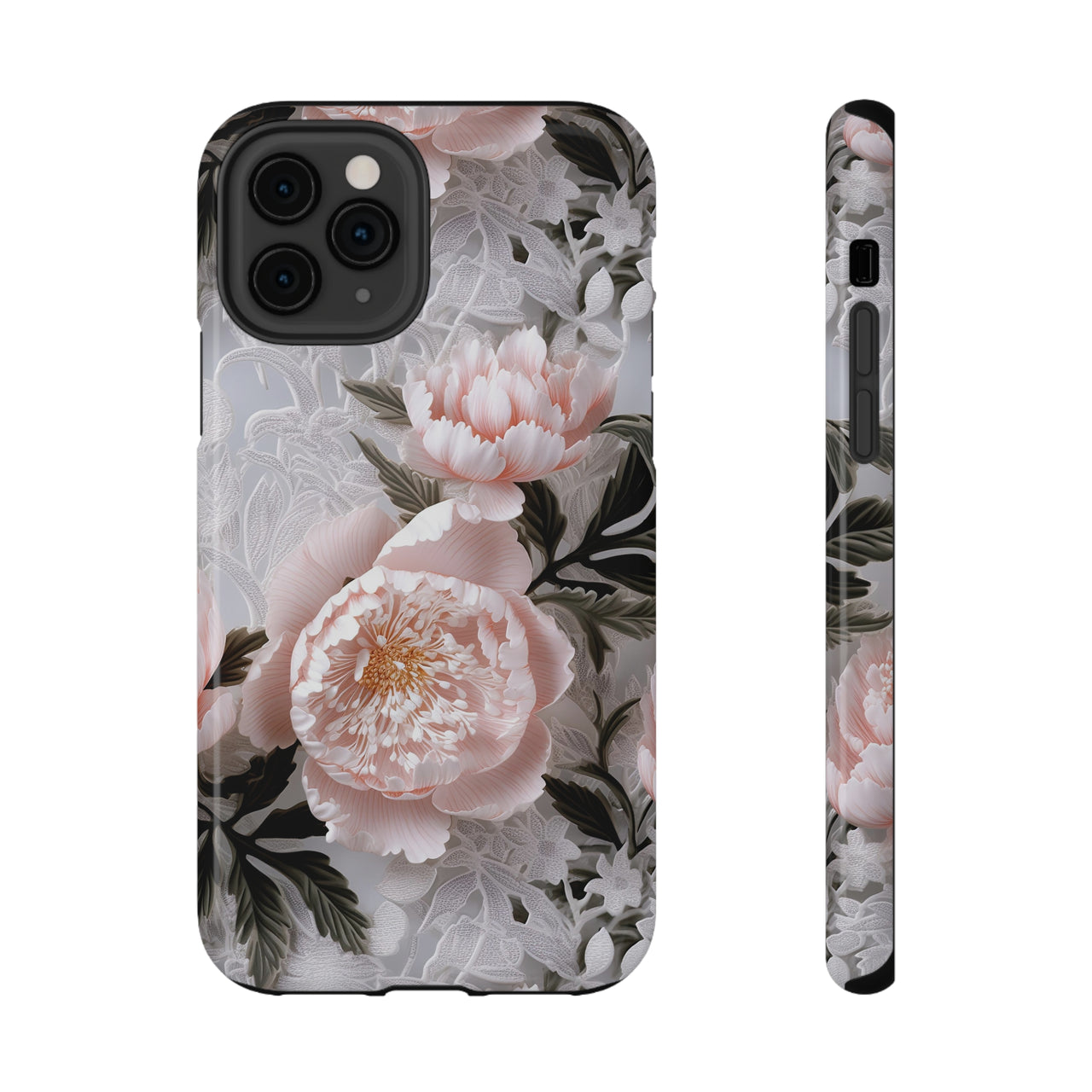 Pink Peony Impact-Resistant Cases for iPhone 11, iPhone 11 Pro, and iPhone 11 Pro Max. Supports Wireless Charging.