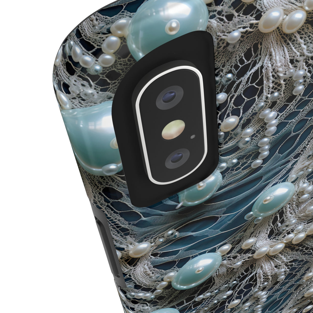 Sea Foam Lace and Pearls Tough Phone Cases for iPhone X, iPhone XR, iPhone XS, and iPhone XS MAX. Supports Wireless Charging.