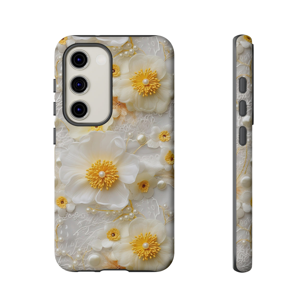 White and Yellow Floral Tough Cases for Samsung Galaxy S23, Samsung Galaxy S23 Plus, and Samsung Galaxy S23 Ultra