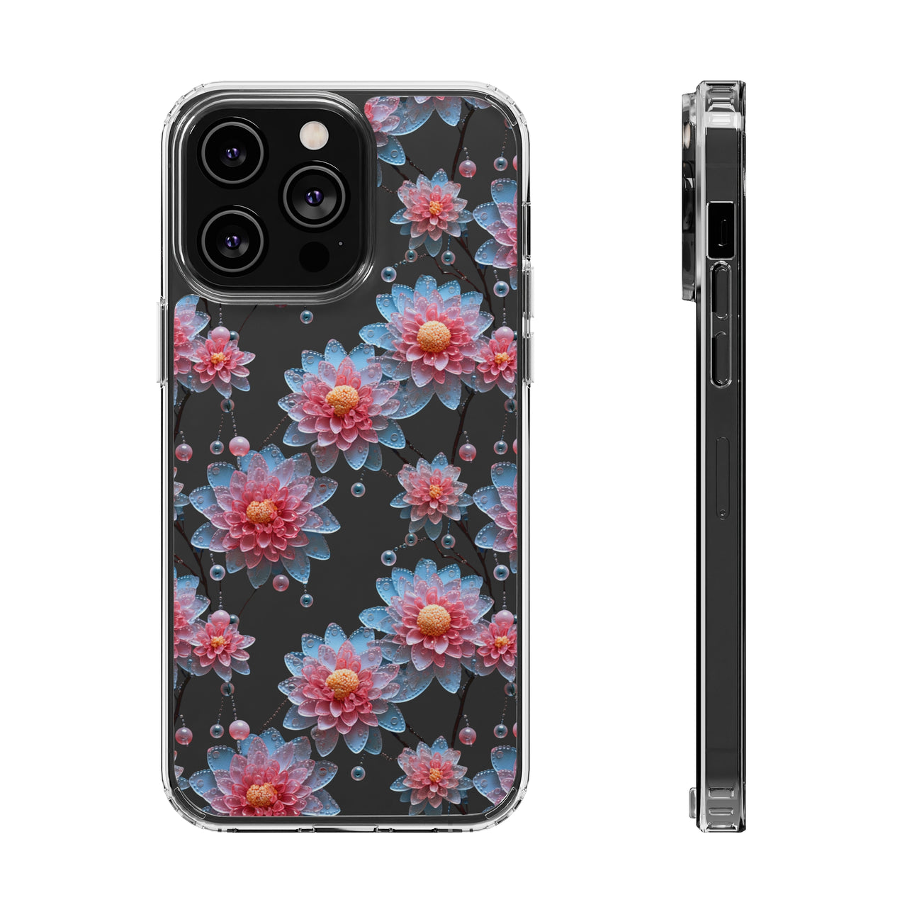 *Clear Case* Pink and Blue Glass Flowers - iPhone 14, iPhone 14 Pro, iPhone 14 Plus, iPhone 14 Pro Max - Supports Wireless Charging