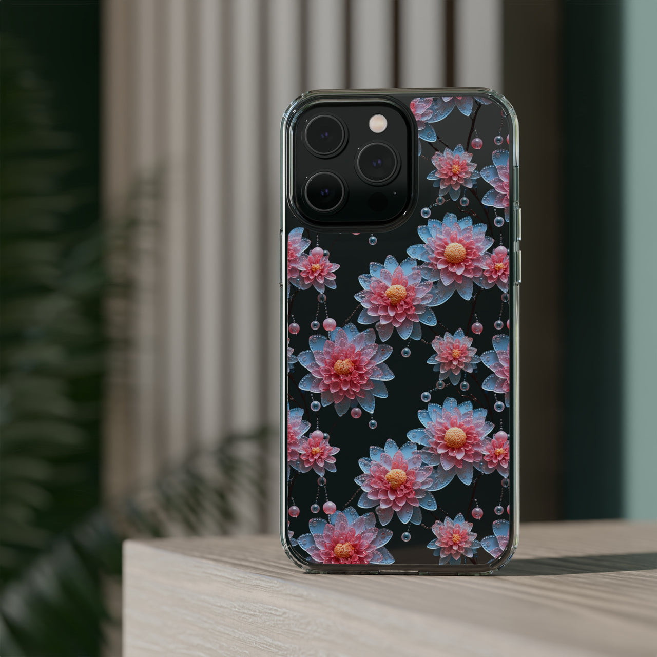 *Clear Case* Pink and Blue Glass Flowers - iPhone 14, iPhone 14 Pro, iPhone 14 Plus, iPhone 14 Pro Max - Supports Wireless Charging