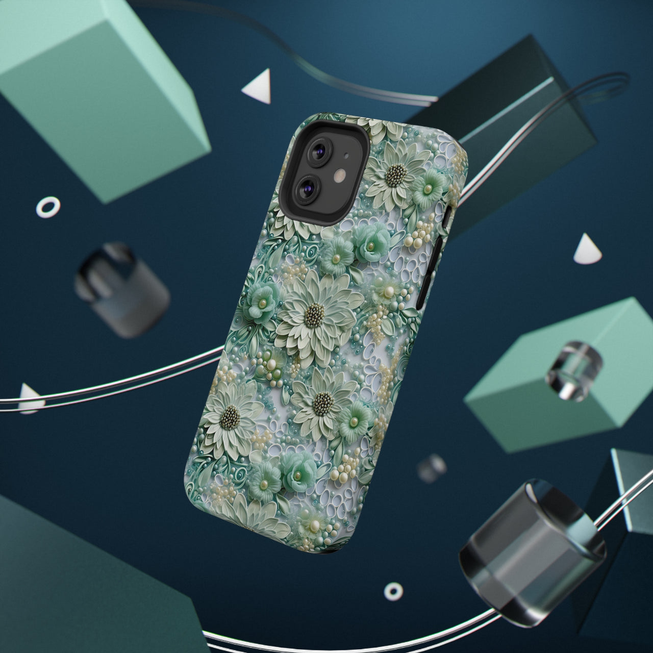 Teal Petals - Impact-Resistant Case for iPhone 12, iPhone 12 Mini, iPhone 12 Pro, and iPhone 12 Pro Max. Supports Wireless Charging.